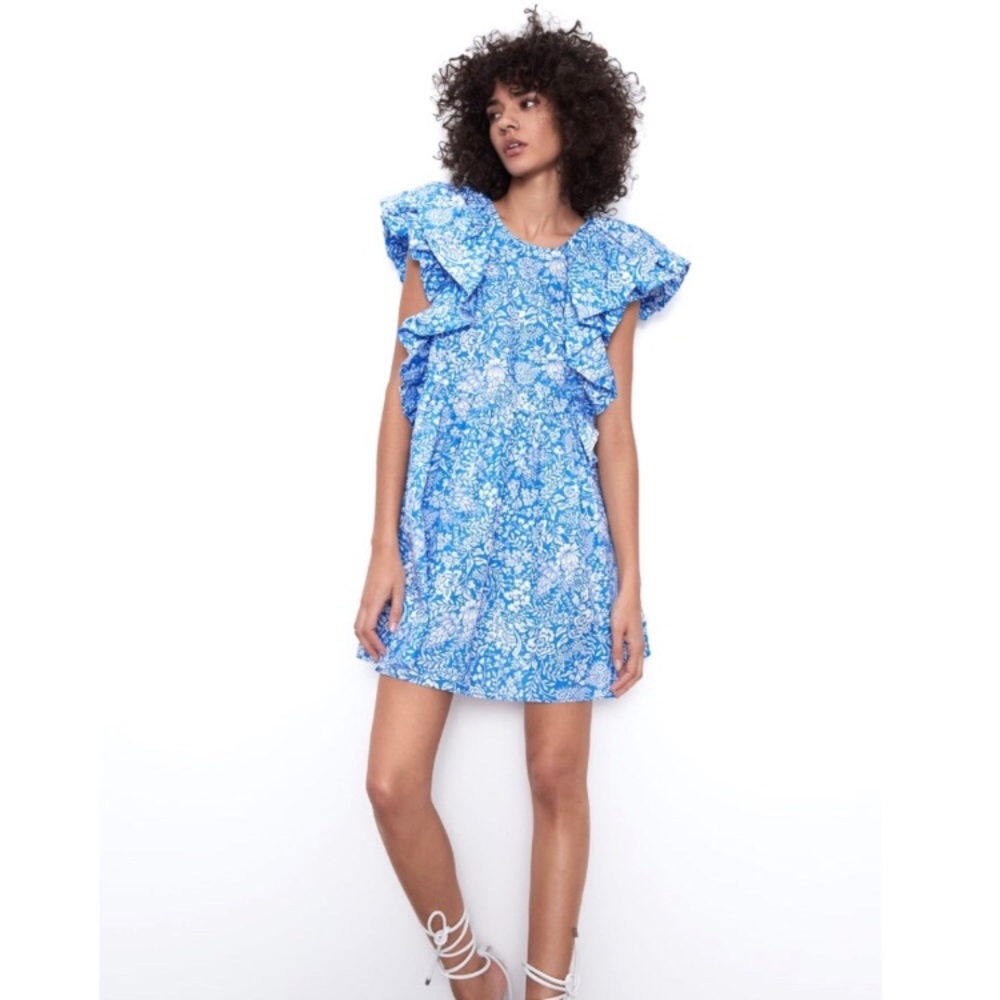 Zara Blue White Ruffle Mini Dress L